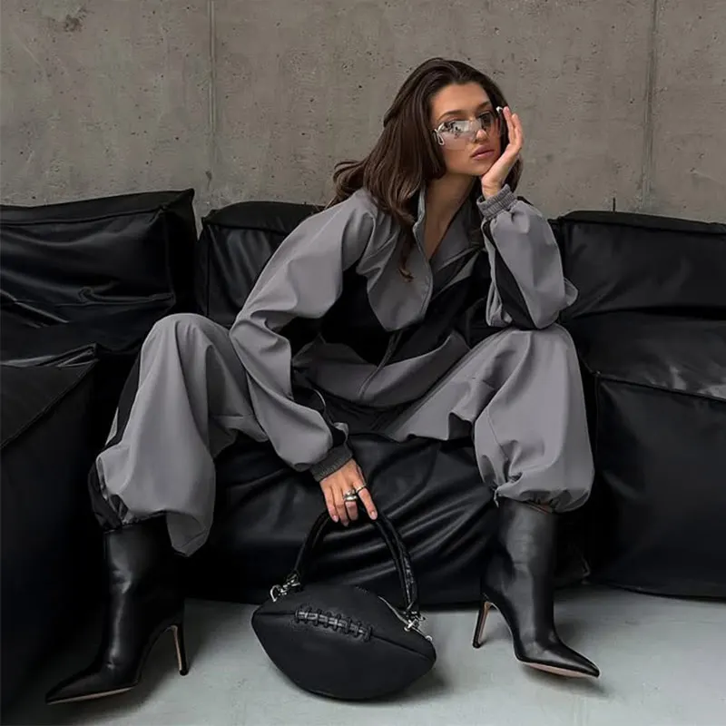 Contrast Color Zipper Jacket Trousers Set Women's Casual Lapel Full Sleeve Coat Loose Wide Leg Pants 2026 Autumn Lady Tracksuits