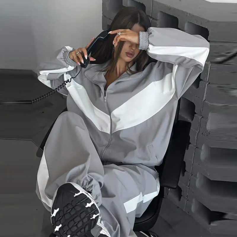 Contrast Color Zipper Jacket Trousers Set Women's Casual Lapel Full Sleeve Coat Loose Wide Leg Pants 2026 Autumn Lady Tracksuits