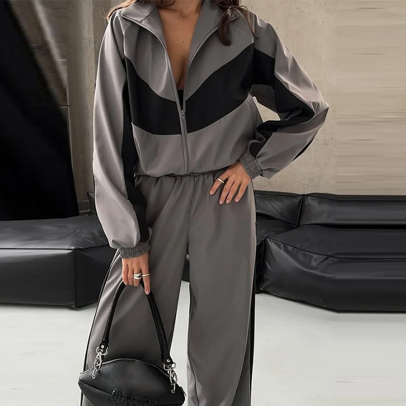 Contrast Color Zipper Jacket Trousers Set Women's Casual Lapel Full Sleeve Coat Loose Wide Leg Pants 2026 Autumn Lady Tracksuits