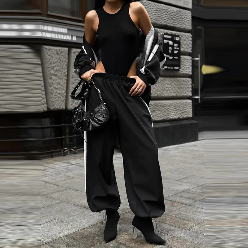 Contrast Color Zipper Jacket Trousers Set Women's Casual Lapel Full Sleeve Coat Loose Wide Leg Pants 2026 Autumn Lady Tracksuits