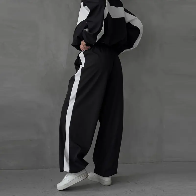 Contrast Color Zipper Jacket Trousers Set Women's Casual Lapel Full Sleeve Coat Loose Wide Leg Pants 2026 Autumn Lady Tracksuits