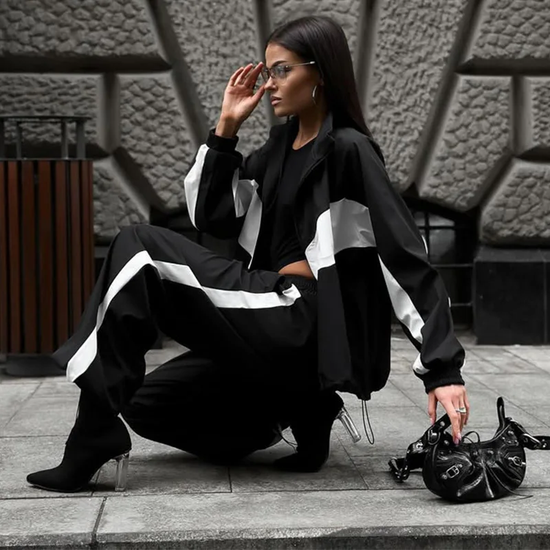 Contrast Color Zipper Jacket Trousers Set Women's Casual Lapel Full Sleeve Coat Loose Wide Leg Pants 2026 Autumn Lady Tracksuits