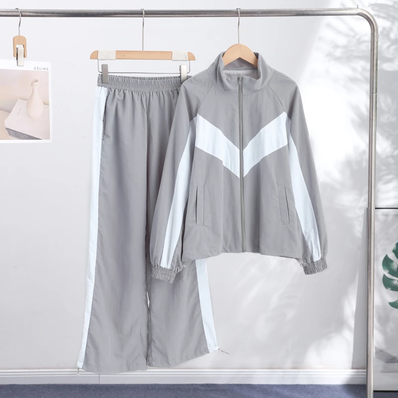 Contrast Color Zipper Jacket Trousers Set Women's Casual Lapel Full Sleeve Coat Loose Wide Leg Pants 2026 Autumn Lady Tracksuits
