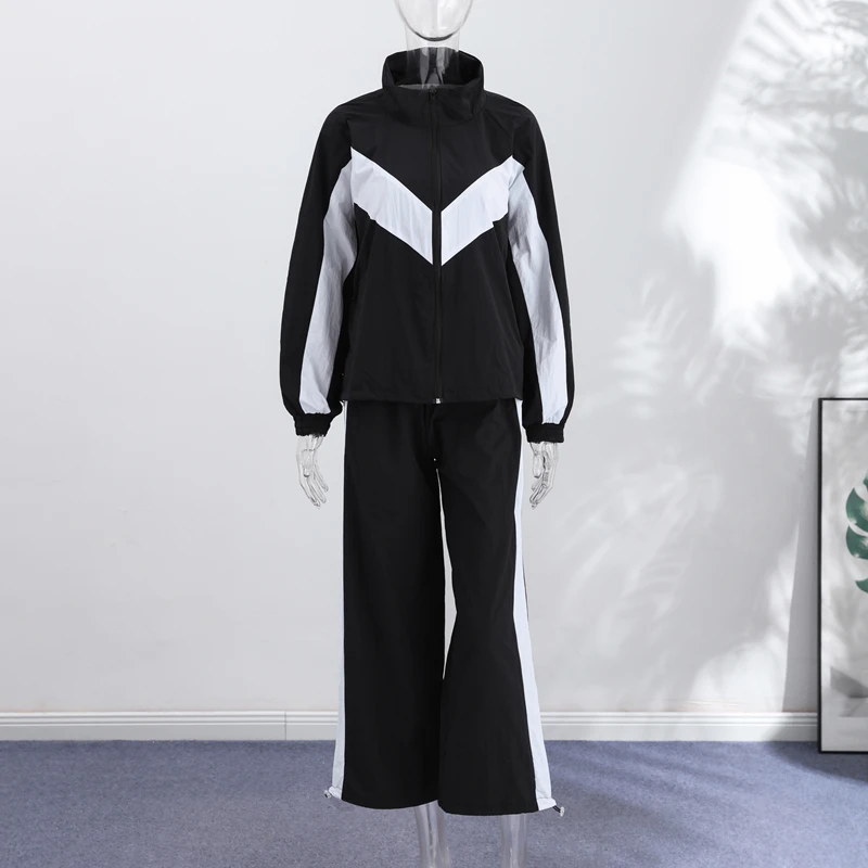 Contrast Color Zipper Jacket Trousers Set Women's Casual Lapel Full Sleeve Coat Loose Wide Leg Pants 2026 Autumn Lady Tracksuits