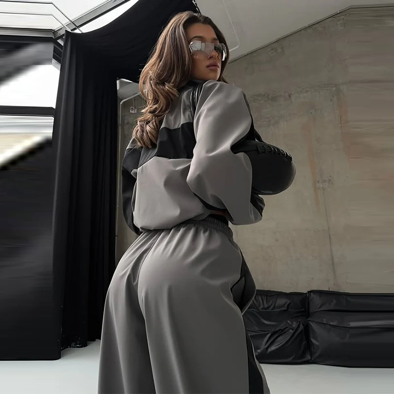Contrast Color Zipper Jacket Trousers Set Women's Casual Lapel Full Sleeve Coat Loose Wide Leg Pants 2026 Autumn Lady Tracksuits
