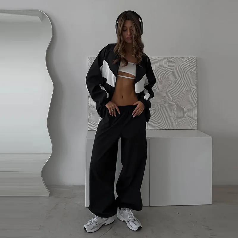 Contrast Color Zipper Jacket Trousers Set Women's Casual Lapel Full Sleeve Coat Loose Wide Leg Pants 2026 Autumn Lady Tracksuits