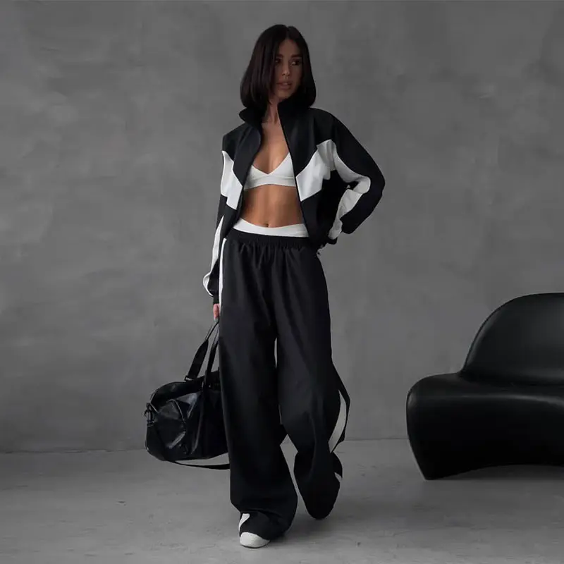 Contrast Color Zipper Jacket Trousers Set Women's Casual Lapel Full Sleeve Coat Loose Wide Leg Pants 2026 Autumn Lady Tracksuits