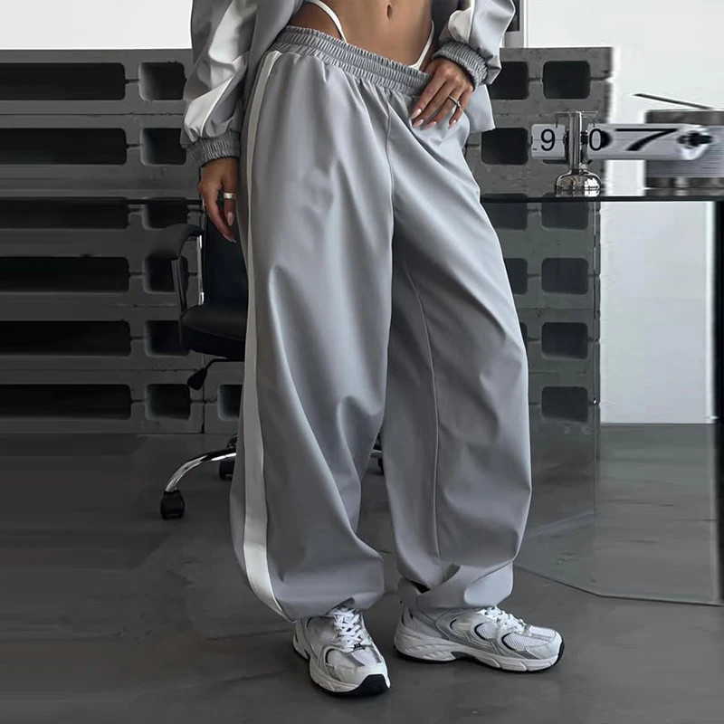 Contrast Color Zipper Jacket Trousers Set Women's Casual Lapel Full Sleeve Coat Loose Wide Leg Pants 2026 Autumn Lady Tracksuits