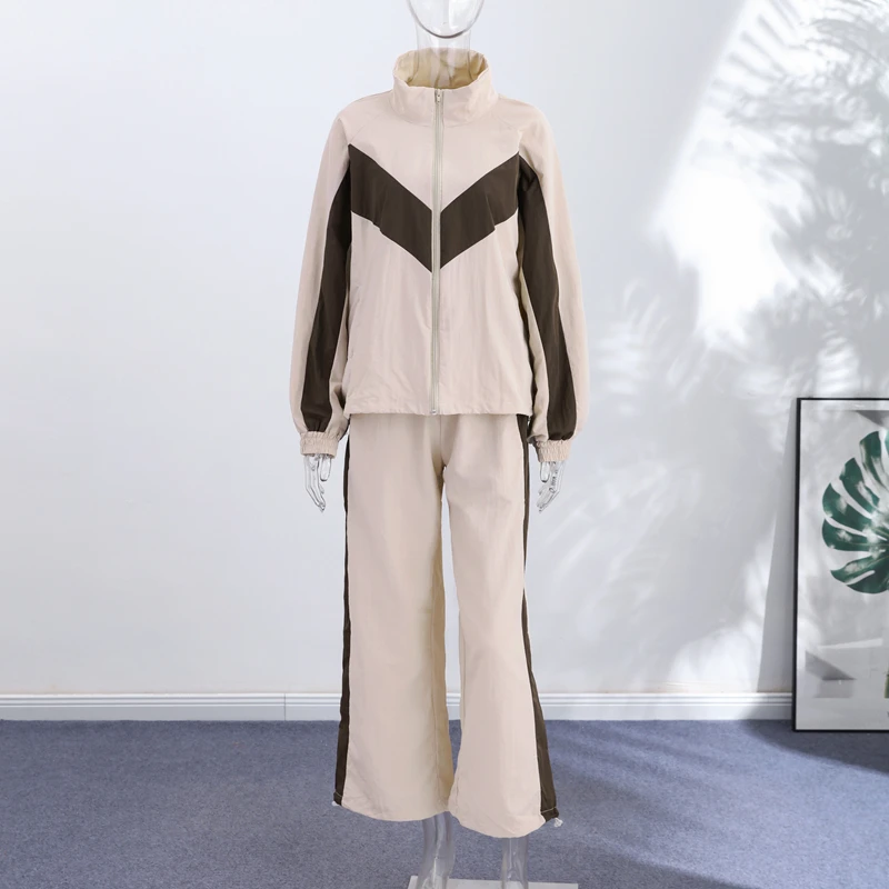 Contrast Color Zipper Jacket Trousers Set Women's Casual Lapel Full Sleeve Coat Loose Wide Leg Pants 2026 Autumn Lady Tracksuits