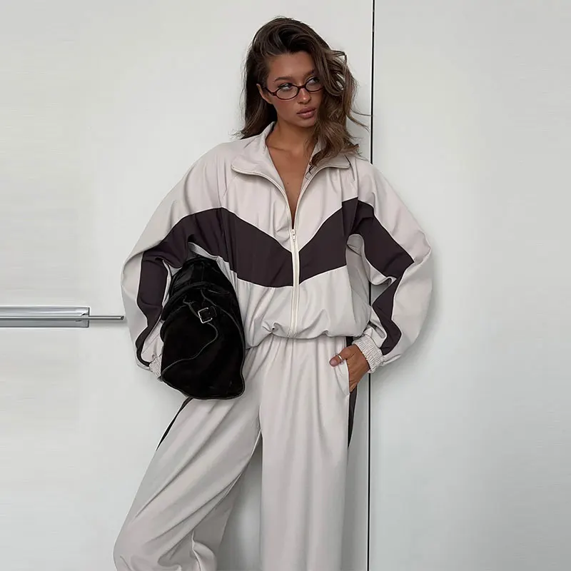 Contrast Color Zipper Jacket Trousers Set Women's Casual Lapel Full Sleeve Coat Loose Wide Leg Pants 2026 Autumn Lady Tracksuits