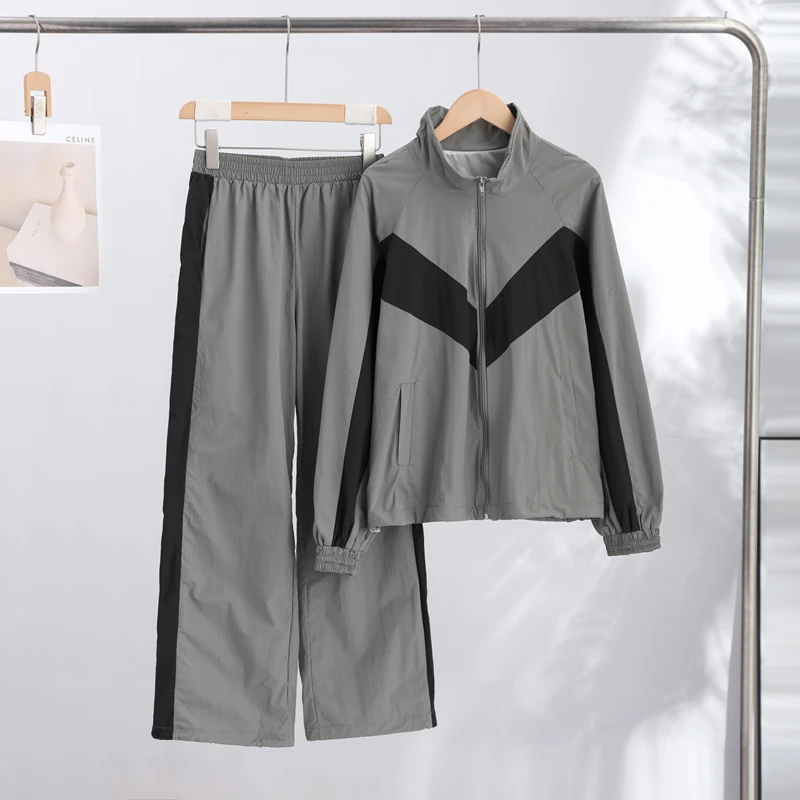 Contrast Color Zipper Jacket Trousers Set Women's Casual Lapel Full Sleeve Coat Loose Wide Leg Pants 2026 Autumn Lady Tracksuits