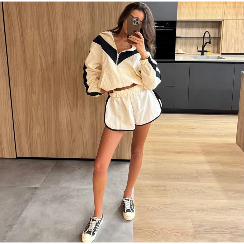 Contrast Color Zipper Jacket Trousers Set Women's Casual Lapel Full Sleeve Coat Loose Wide Leg Pants 2026 Autumn Lady Tracksuits