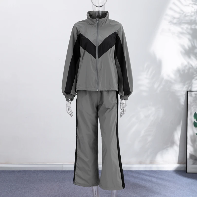 Contrast Color Zipper Jacket Trousers Set Women's Casual Lapel Full Sleeve Coat Loose Wide Leg Pants 2026 Autumn Lady Tracksuits