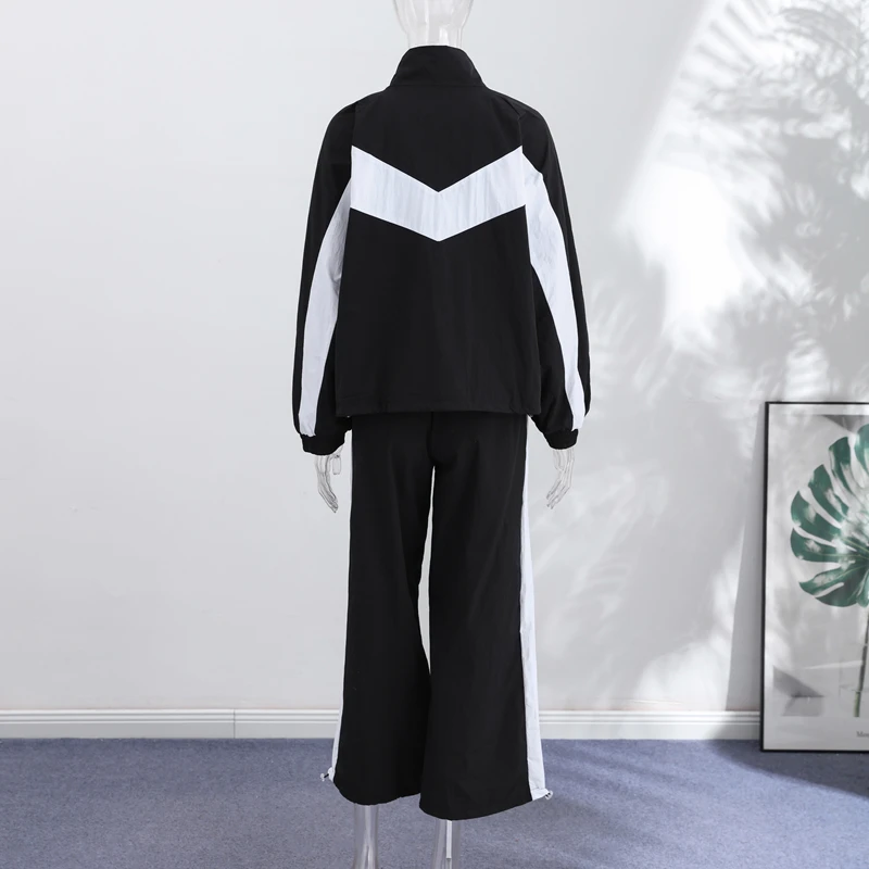 Contrast Color Zipper Jacket Trousers Set Women's Casual Lapel Full Sleeve Coat Loose Wide Leg Pants 2026 Autumn Lady Tracksuits