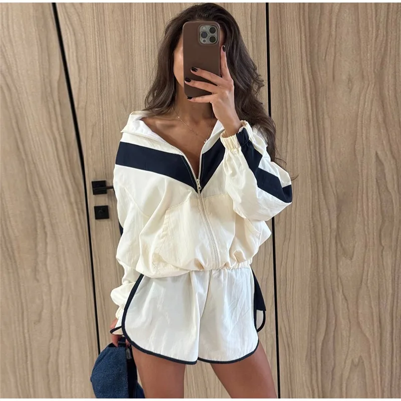 Contrast Color Zipper Jacket Trousers Set Women's Casual Lapel Full Sleeve Coat Loose Wide Leg Pants 2026 Autumn Lady Tracksuits