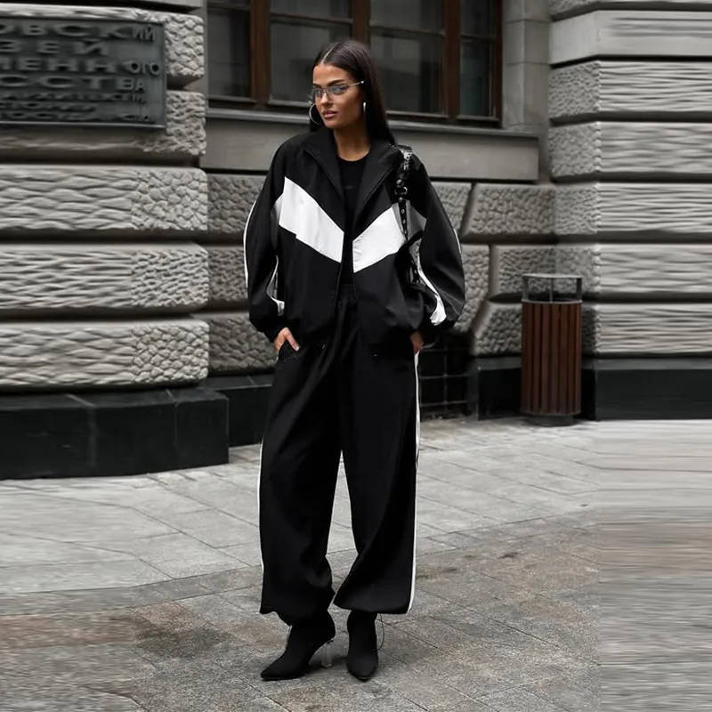 Contrast Color Zipper Jacket Trousers Set Women's Casual Lapel Full Sleeve Coat Loose Wide Leg Pants 2026 Autumn Lady Tracksuits