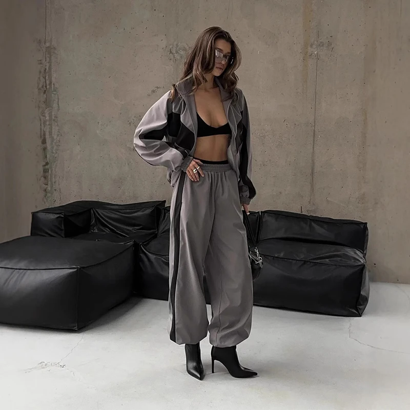 Contrast Color Zipper Jacket Trousers Set Women's Casual Lapel Full Sleeve Coat Loose Wide Leg Pants 2026 Autumn Lady Tracksuits