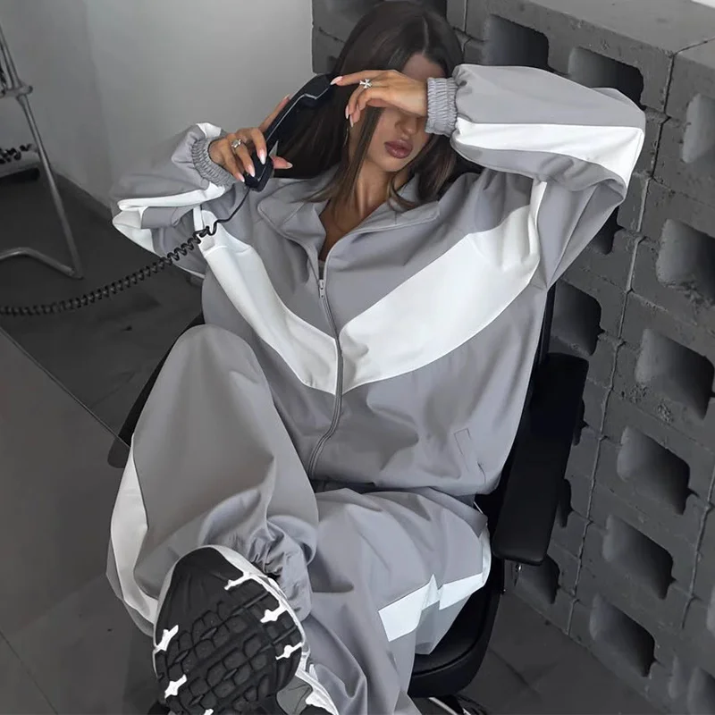 Contrast Color Zipper Jacket Trousers Set Women's Casual Lapel Full Sleeve Coat Loose Wide Leg Pants 2026 Autumn Lady Tracksuits