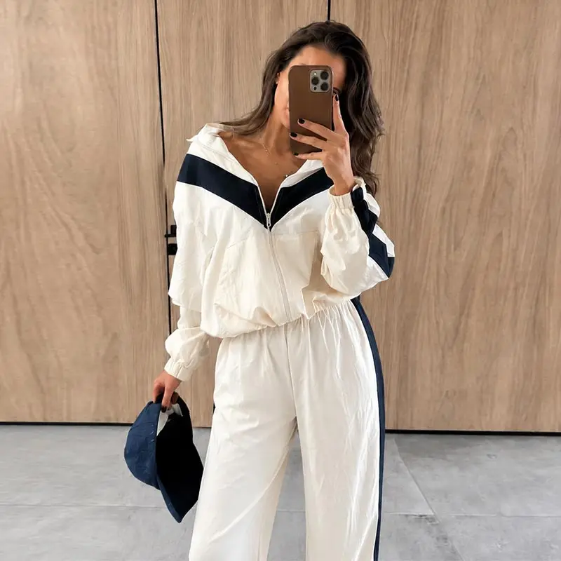 Contrast Color Zipper Jacket Trousers Set Women's Casual Lapel Full Sleeve Coat Loose Wide Leg Pants 2026 Autumn Lady Tracksuits