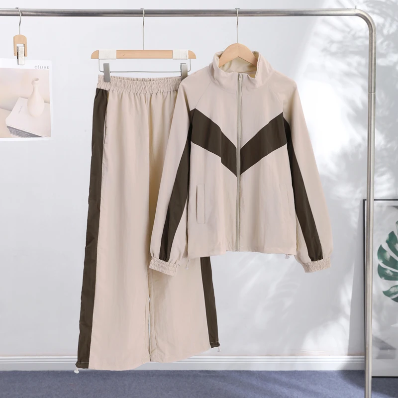 Contrast Color Zipper Jacket Trousers Set Women's Casual Lapel Full Sleeve Coat Loose Wide Leg Pants 2026 Autumn Lady Tracksuits