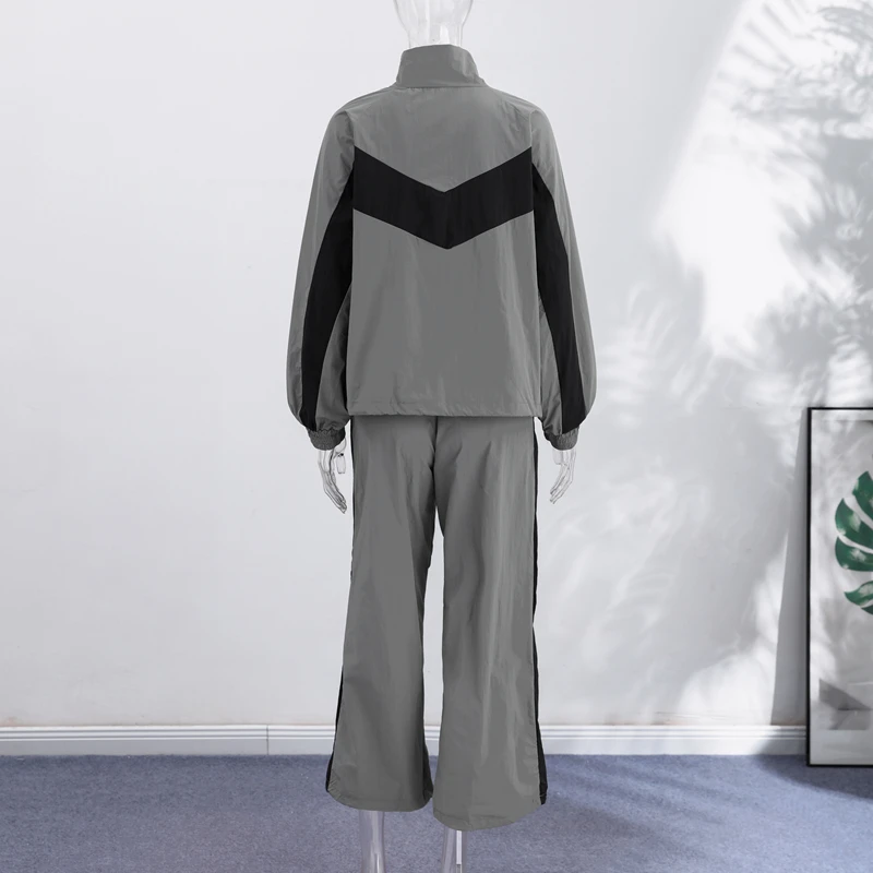 Contrast Color Zipper Jacket Trousers Set Women's Casual Lapel Full Sleeve Coat Loose Wide Leg Pants 2026 Autumn Lady Tracksuits