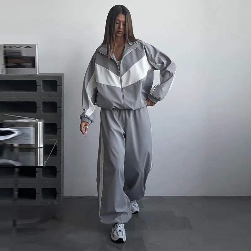 Contrast Color Zipper Jacket Trousers Set Women's Casual Lapel Full Sleeve Coat Loose Wide Leg Pants 2026 Autumn Lady Tracksuits