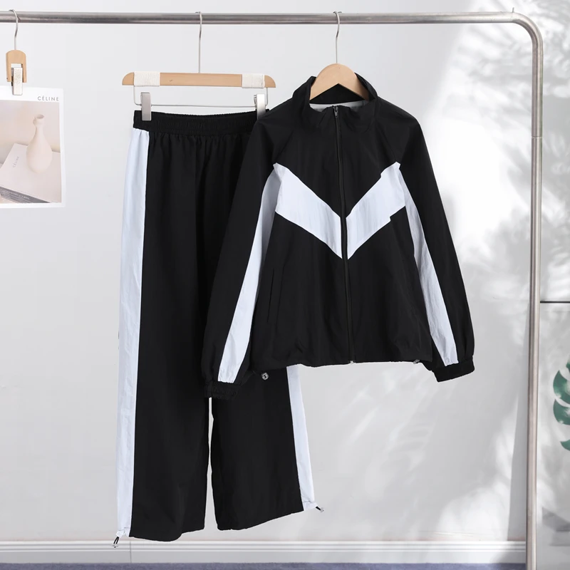 Contrast Color Zipper Jacket Trousers Set Women's Casual Lapel Full Sleeve Coat Loose Wide Leg Pants 2026 Autumn Lady Tracksuits