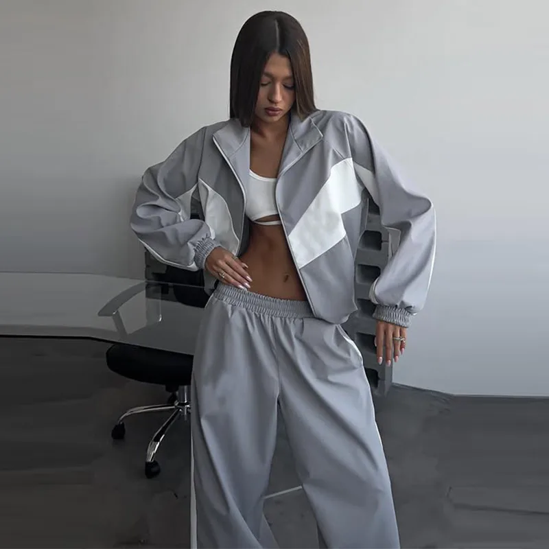 Contrast Color Zipper Jacket Trousers Set Women's Casual Lapel Full Sleeve Coat Loose Wide Leg Pants 2026 Autumn Lady Tracksuits