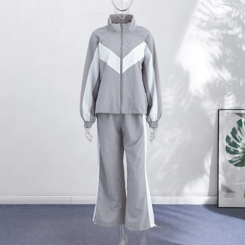 Contrast Color Zipper Jacket Trousers Set Women's Casual Lapel Full Sleeve Coat Loose Wide Leg Pants 2026 Autumn Lady Tracksuits