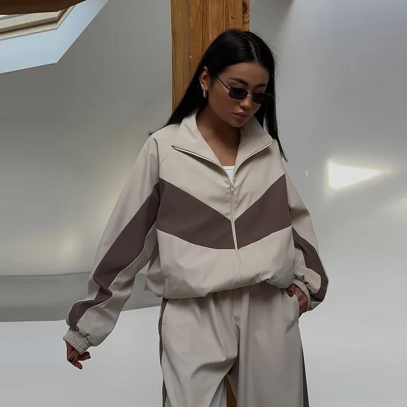 Contrast Color Zipper Jacket Trousers Set Women's Casual Lapel Full Sleeve Coat Loose Wide Leg Pants 2026 Autumn Lady Tracksuits