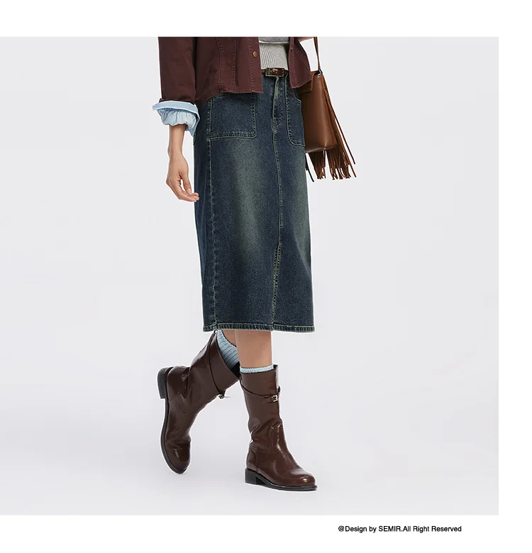 Semir Women Skirt Denim Slit Straight Long Slim Retro Street Style Autumn Bottoms Comfortable Urban Daily Wear 2026