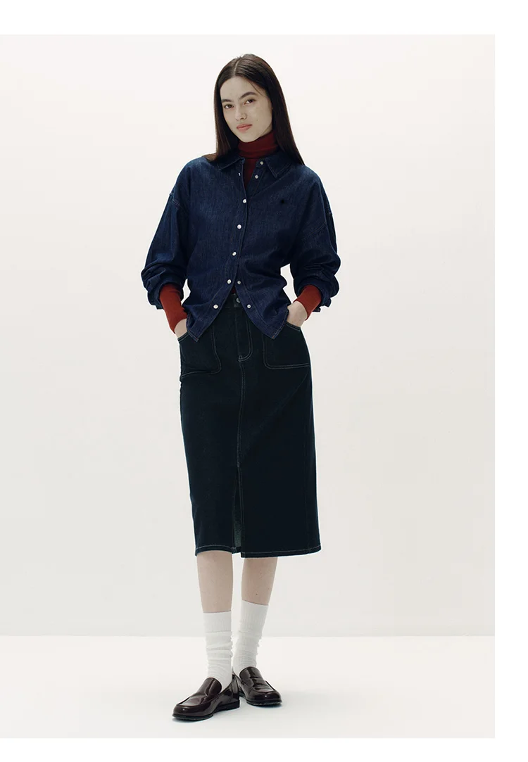 Semir Women Skirt Denim Slit Straight Long Slim Retro Street Style Autumn Bottoms Comfortable Urban Daily Wear 2026
