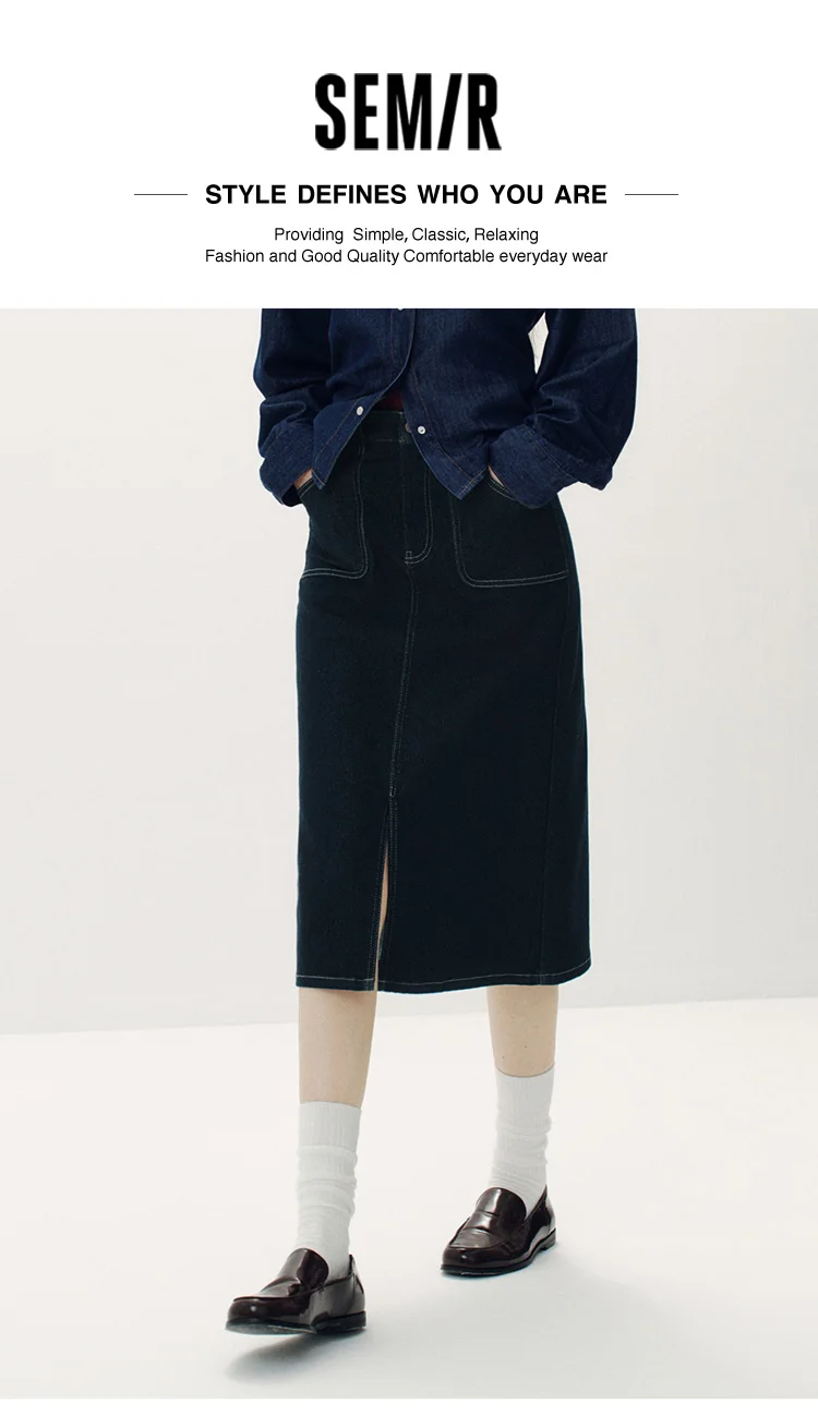 Semir Women Skirt Denim Slit Straight Long Slim Retro Street Style Autumn Bottoms Comfortable Urban Daily Wear 2026