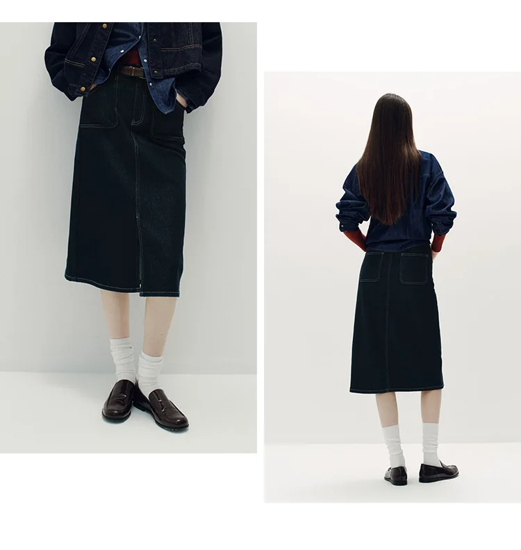 Semir Women Skirt Denim Slit Straight Long Slim Retro Street Style Autumn Bottoms Comfortable Urban Daily Wear 2026
