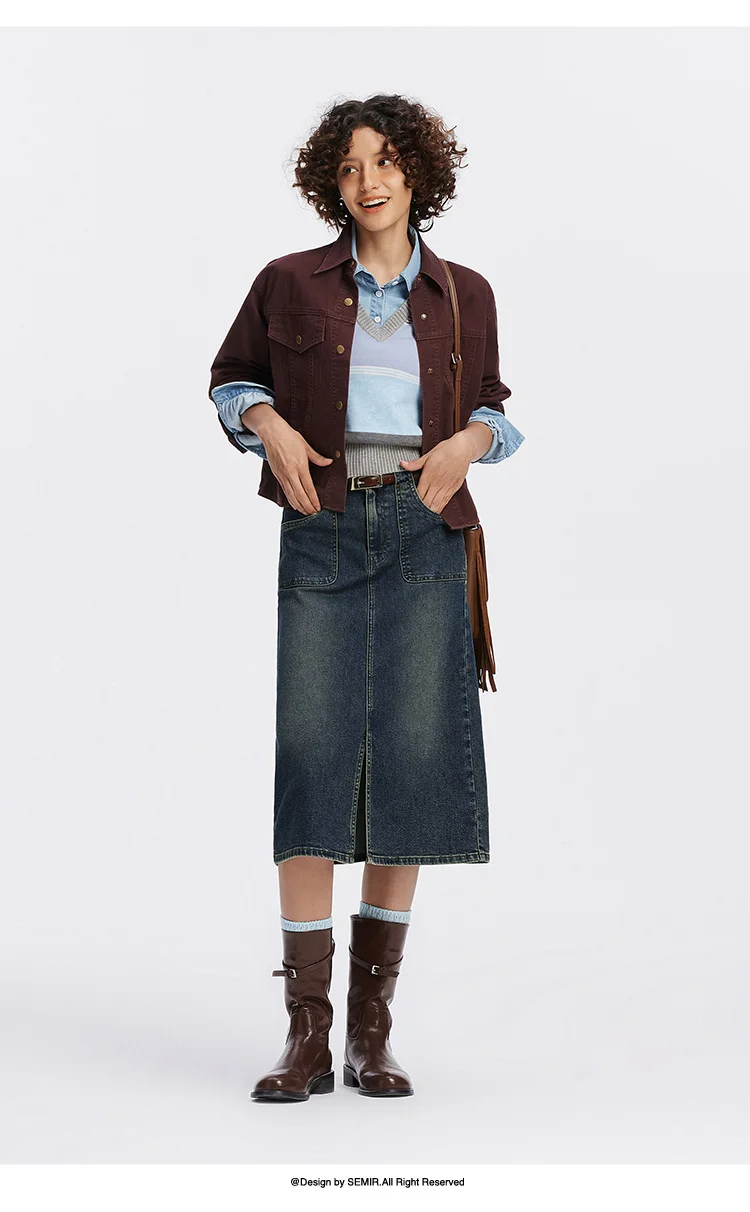 Semir Women Skirt Denim Slit Straight Long Slim Retro Street Style Autumn Bottoms Comfortable Urban Daily Wear 2026