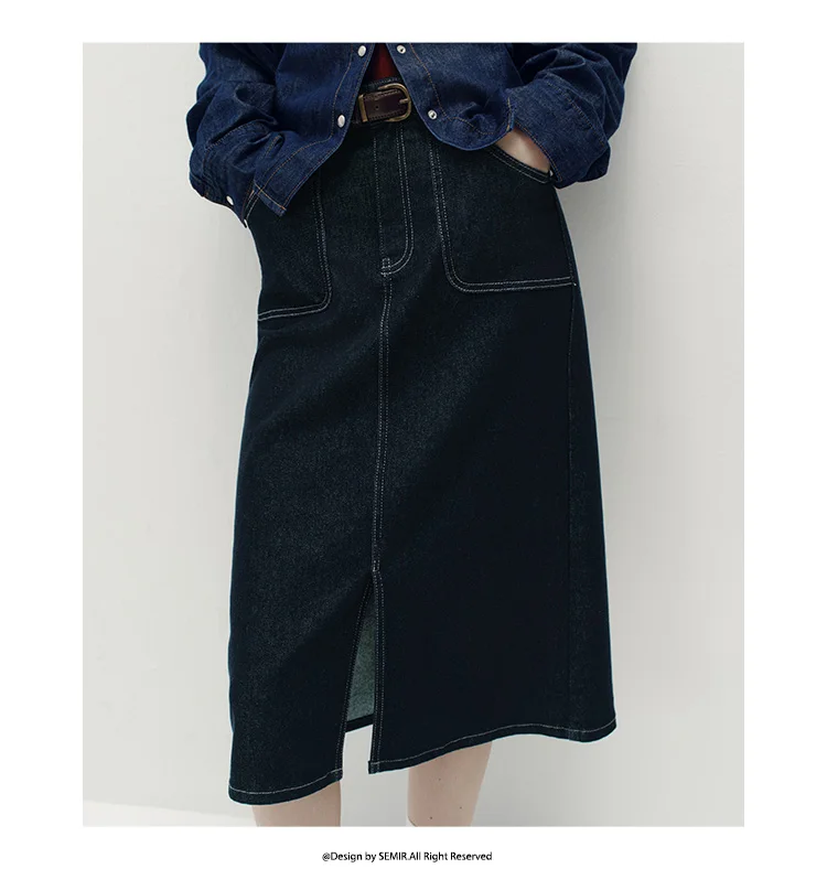 Semir Women Skirt Denim Slit Straight Long Slim Retro Street Style Autumn Bottoms Comfortable Urban Daily Wear 2026