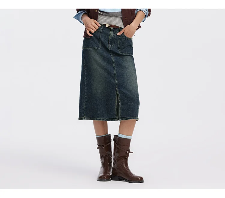 Semir Women Skirt Denim Slit Straight Long Slim Retro Street Style Autumn Bottoms Comfortable Urban Daily Wear 2026
