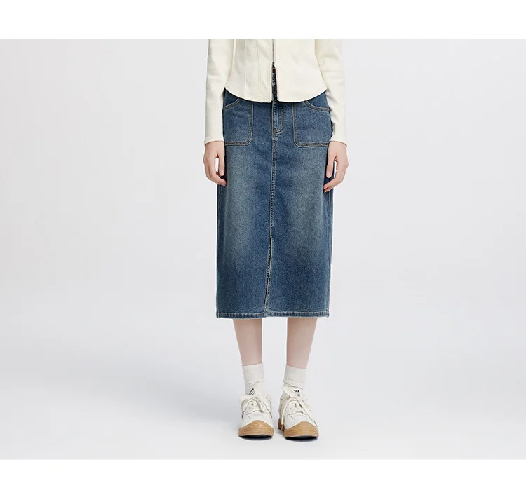 Semir Women Skirt Denim Slit Straight Long Slim Retro Street Style Autumn Bottoms Comfortable Urban Daily Wear 2026