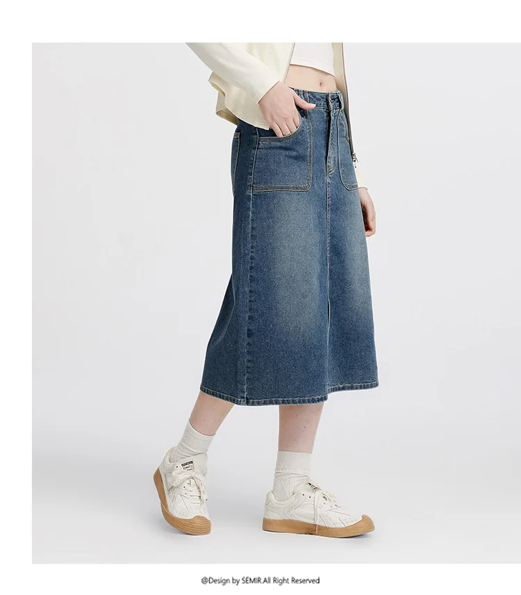 Semir Women Skirt Denim Slit Straight Long Slim Retro Street Style Autumn Bottoms Comfortable Urban Daily Wear 2026