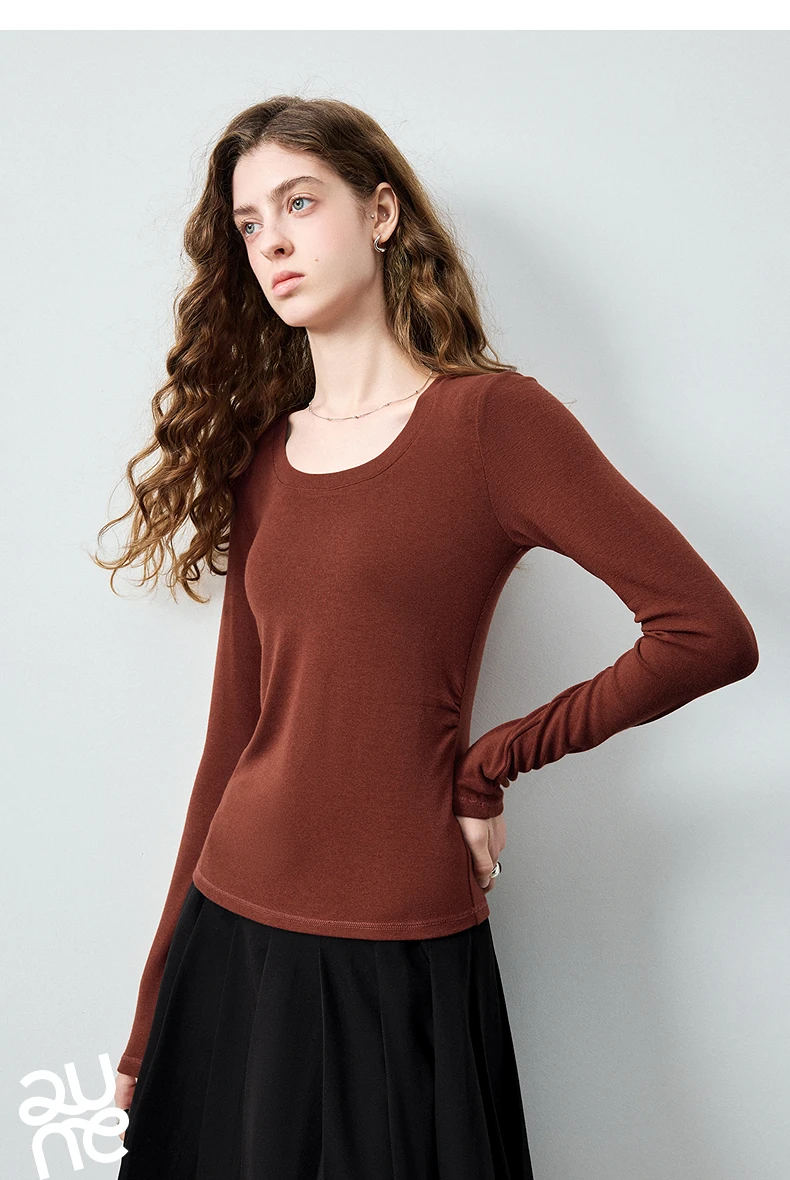 TOYOUTH Women's Wool Blend U Neck Waist Fitted T Shirt 2026 Fall New Arrival Mochi Soft Intellectual Chic Base Layering Top