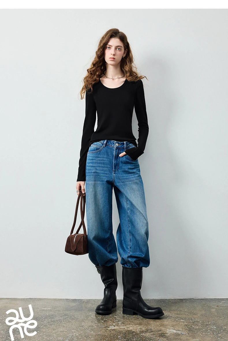 TOYOUTH Women's Wool Blend U Neck Waist Fitted T Shirt 2026 Fall New Arrival Mochi Soft Intellectual Chic Base Layering Top