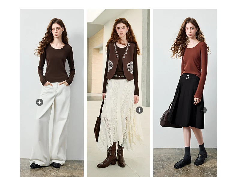 TOYOUTH Women's Wool Blend U Neck Waist Fitted T Shirt 2026 Fall New Arrival Mochi Soft Intellectual Chic Base Layering Top