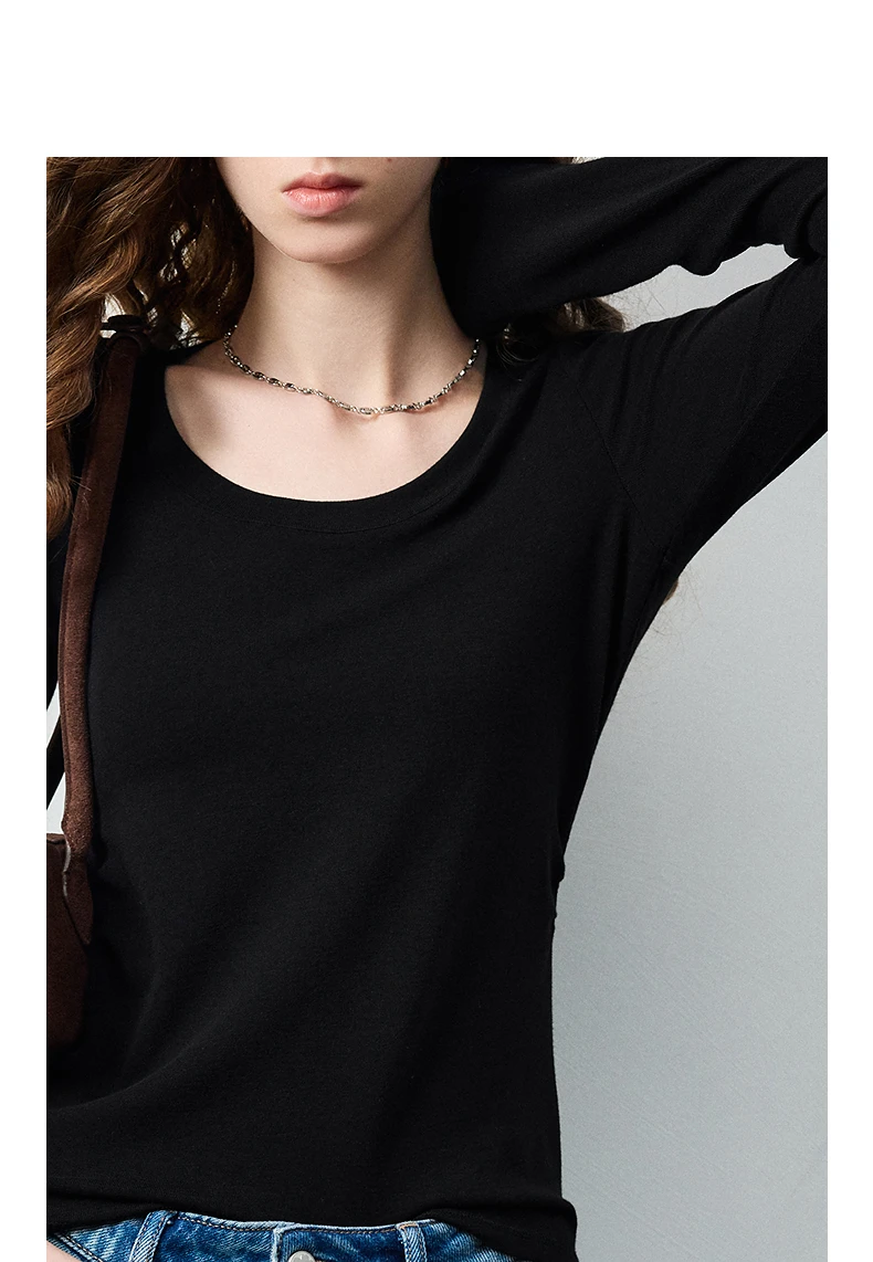 TOYOUTH Women's Wool Blend U Neck Waist Fitted T Shirt 2026 Fall New Arrival Mochi Soft Intellectual Chic Base Layering Top