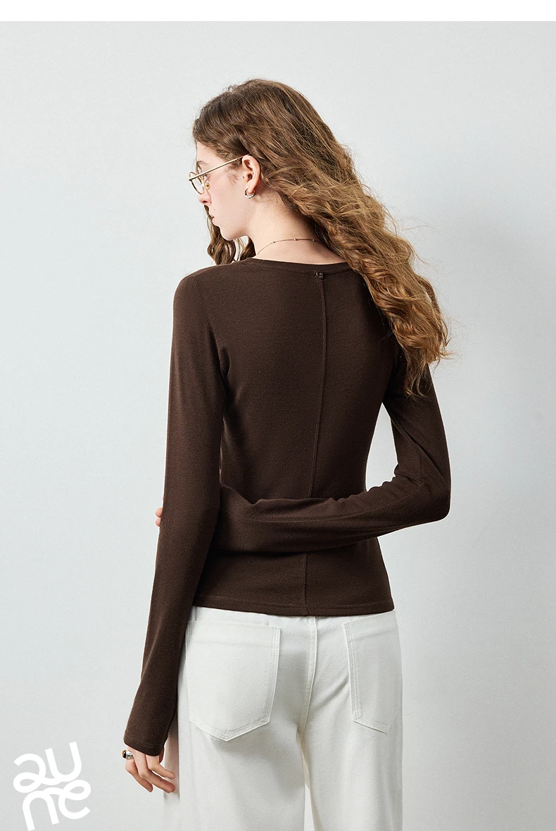 TOYOUTH Women's Wool Blend U Neck Waist Fitted T Shirt 2026 Fall New Arrival Mochi Soft Intellectual Chic Base Layering Top