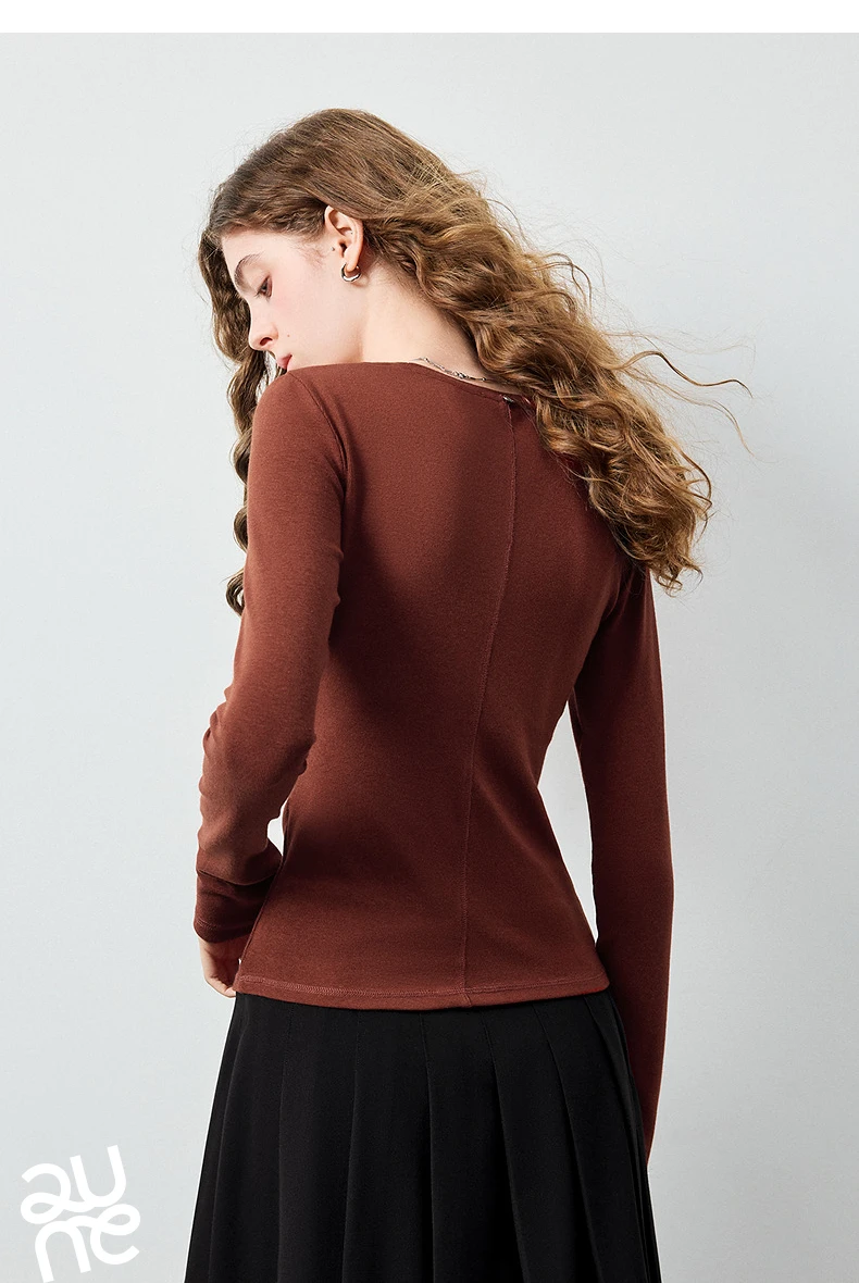 TOYOUTH Women's Wool Blend U Neck Waist Fitted T Shirt 2026 Fall New Arrival Mochi Soft Intellectual Chic Base Layering Top