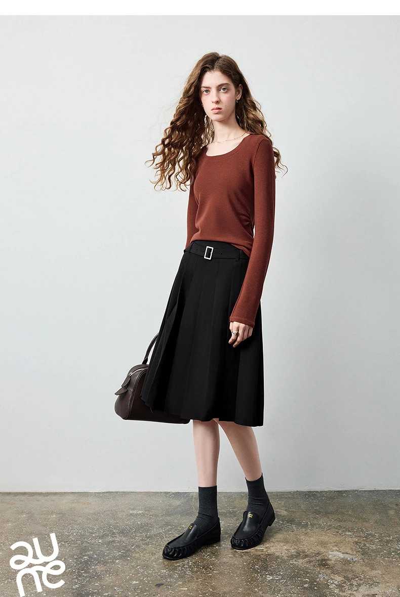 TOYOUTH Women's Wool Blend U Neck Waist Fitted T Shirt 2026 Fall New Arrival Mochi Soft Intellectual Chic Base Layering Top