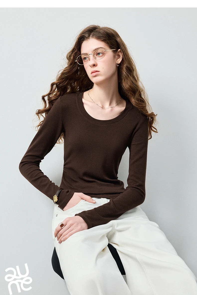 TOYOUTH Women's Wool Blend U Neck Waist Fitted T Shirt 2026 Fall New Arrival Mochi Soft Intellectual Chic Base Layering Top