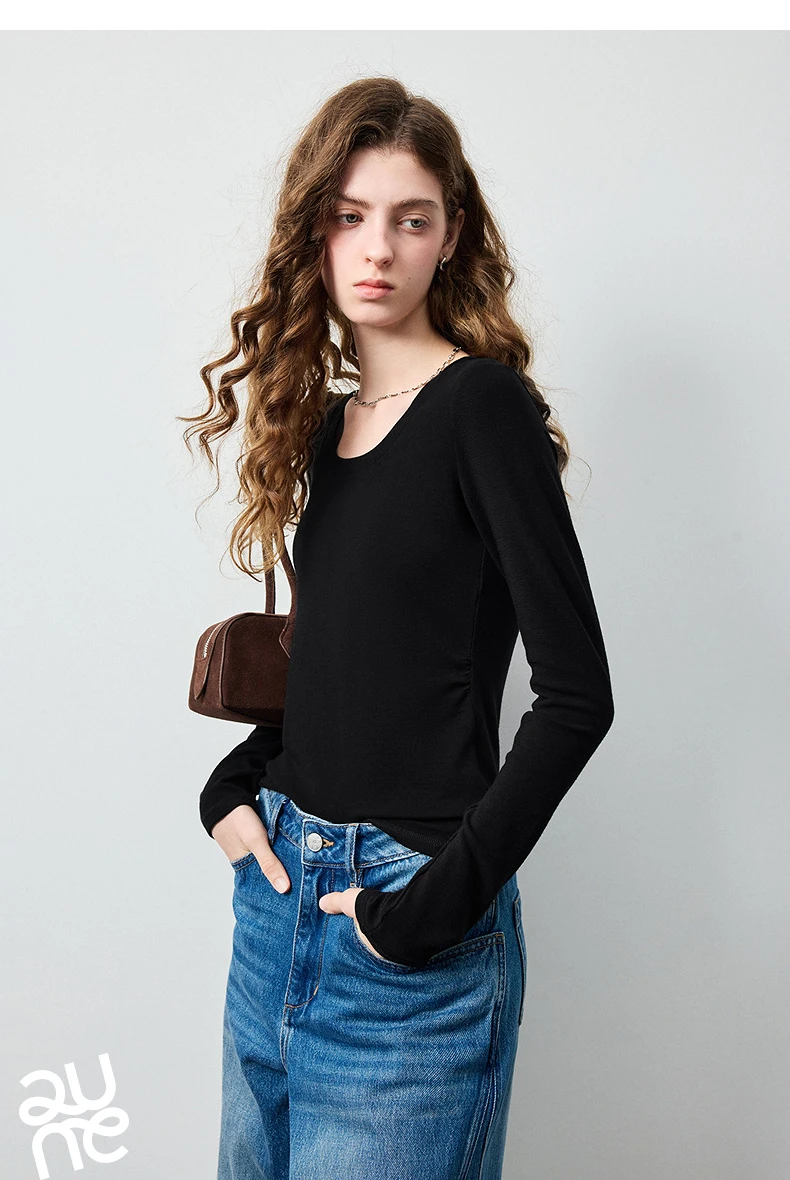 TOYOUTH Women's Wool Blend U Neck Waist Fitted T Shirt 2026 Fall New Arrival Mochi Soft Intellectual Chic Base Layering Top