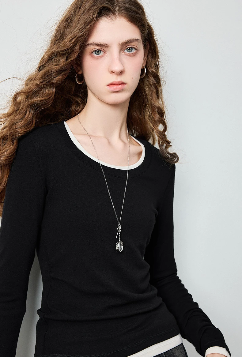 TOYOUTH Women's Wool Blend U Neck Waist Fitted T Shirt 2026 Fall New Arrival Mochi Soft Intellectual Chic Base Layering Top