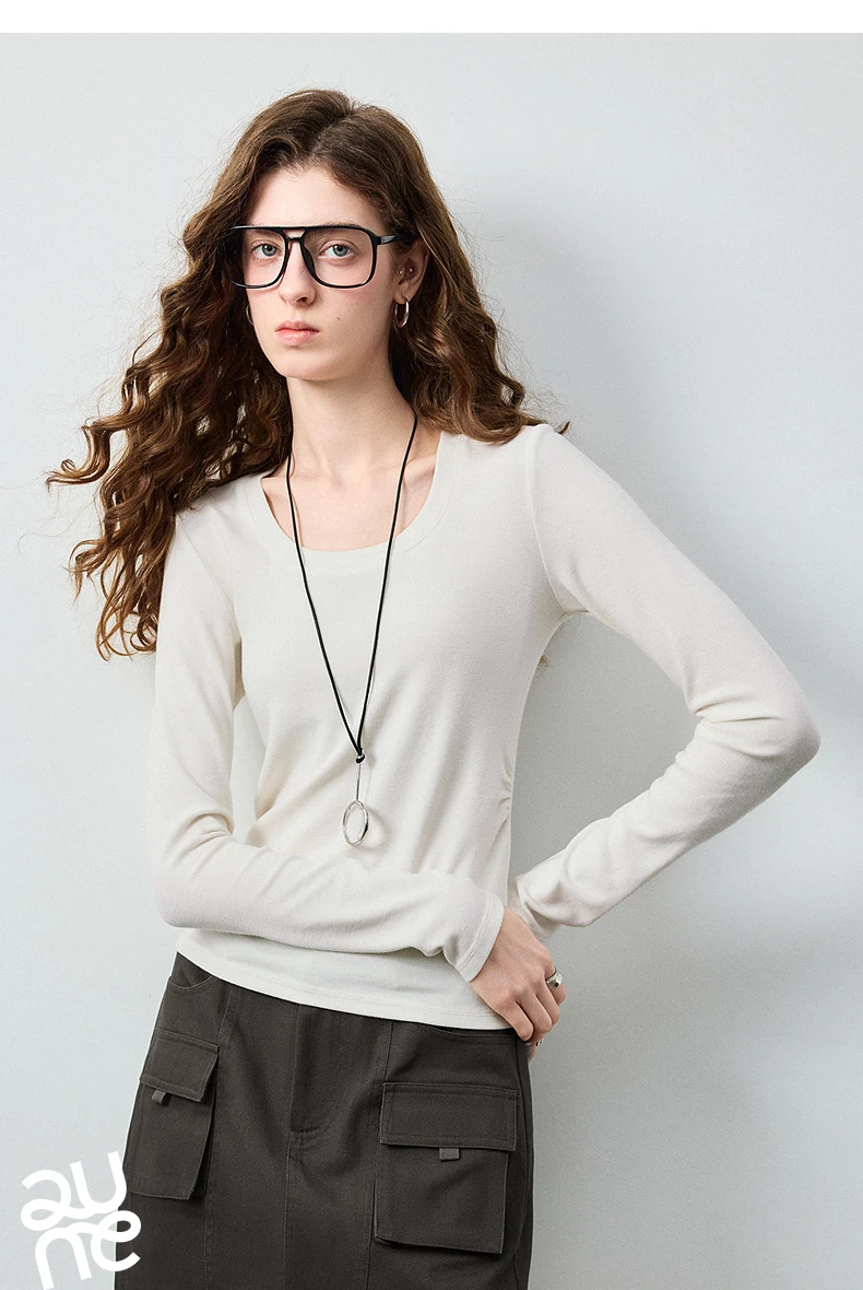 TOYOUTH Women's Wool Blend U Neck Waist Fitted T Shirt 2026 Fall New Arrival Mochi Soft Intellectual Chic Base Layering Top